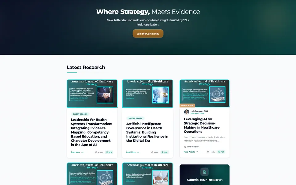 Public AJHCS journal home showing the Where Strategy Meets Evidence heading and a selection of published healthcare strategy articles.