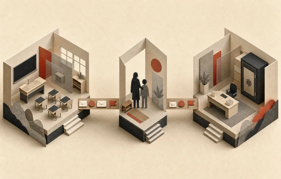 Separate paper-built school, guardian, and clinician spaces exchange permission envelopes and exception flags across a narrow coordination bridge.