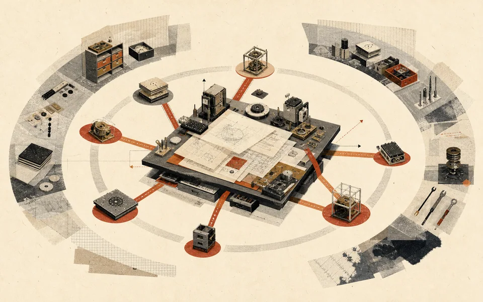 A paper-built research worktable sends modular instruments outward along open paths while an outer ring holds maintenance tools and materials.