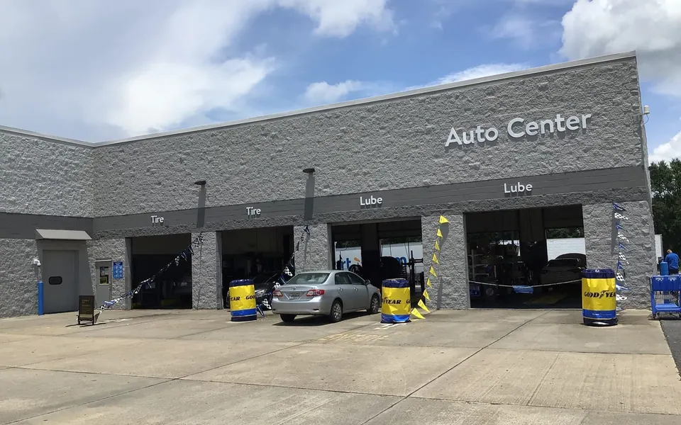 Walmart Auto Center exterior with two tire bays and two lube bays in Concord, North Carolina.