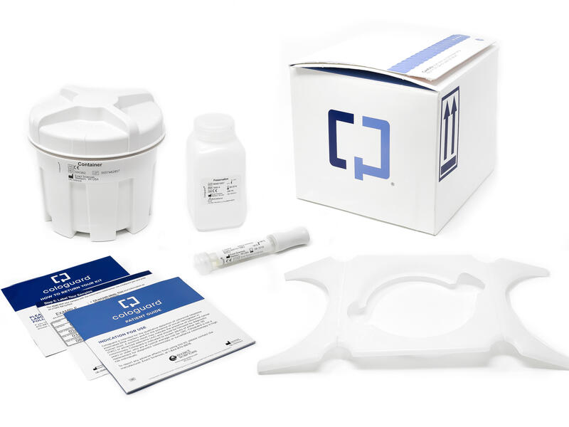 Cologuard home colorectal screening materials, including collection containers, instructions, labels, and a return shipping box, arranged on a white background.