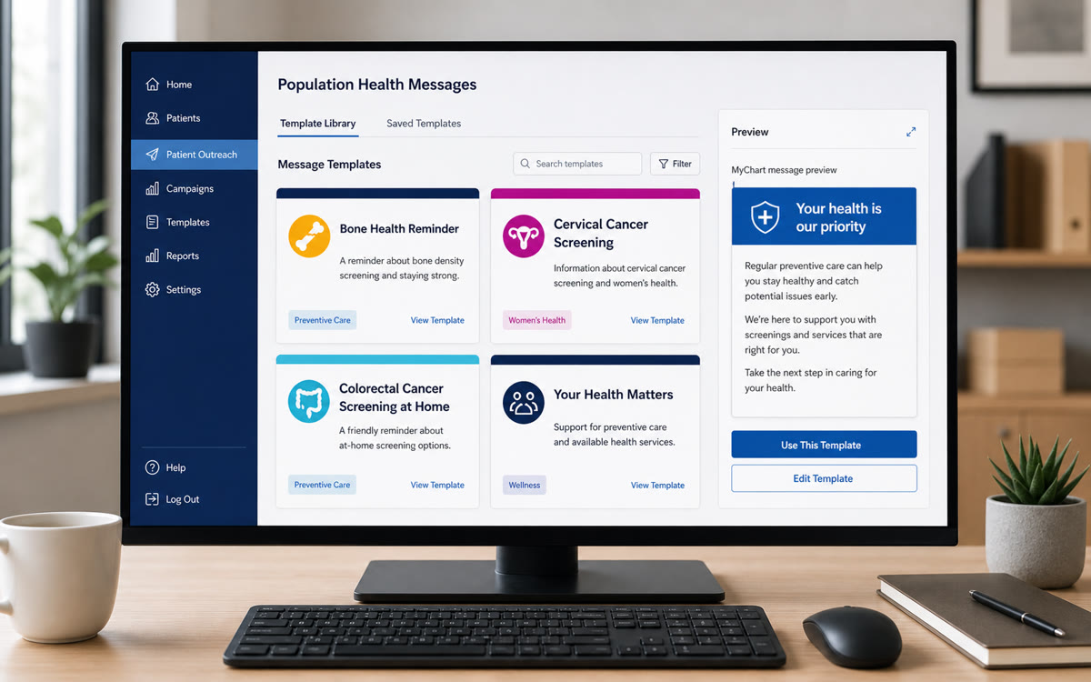 Population health message-template library displayed on a desktop monitor with preventive-care outreach previews.