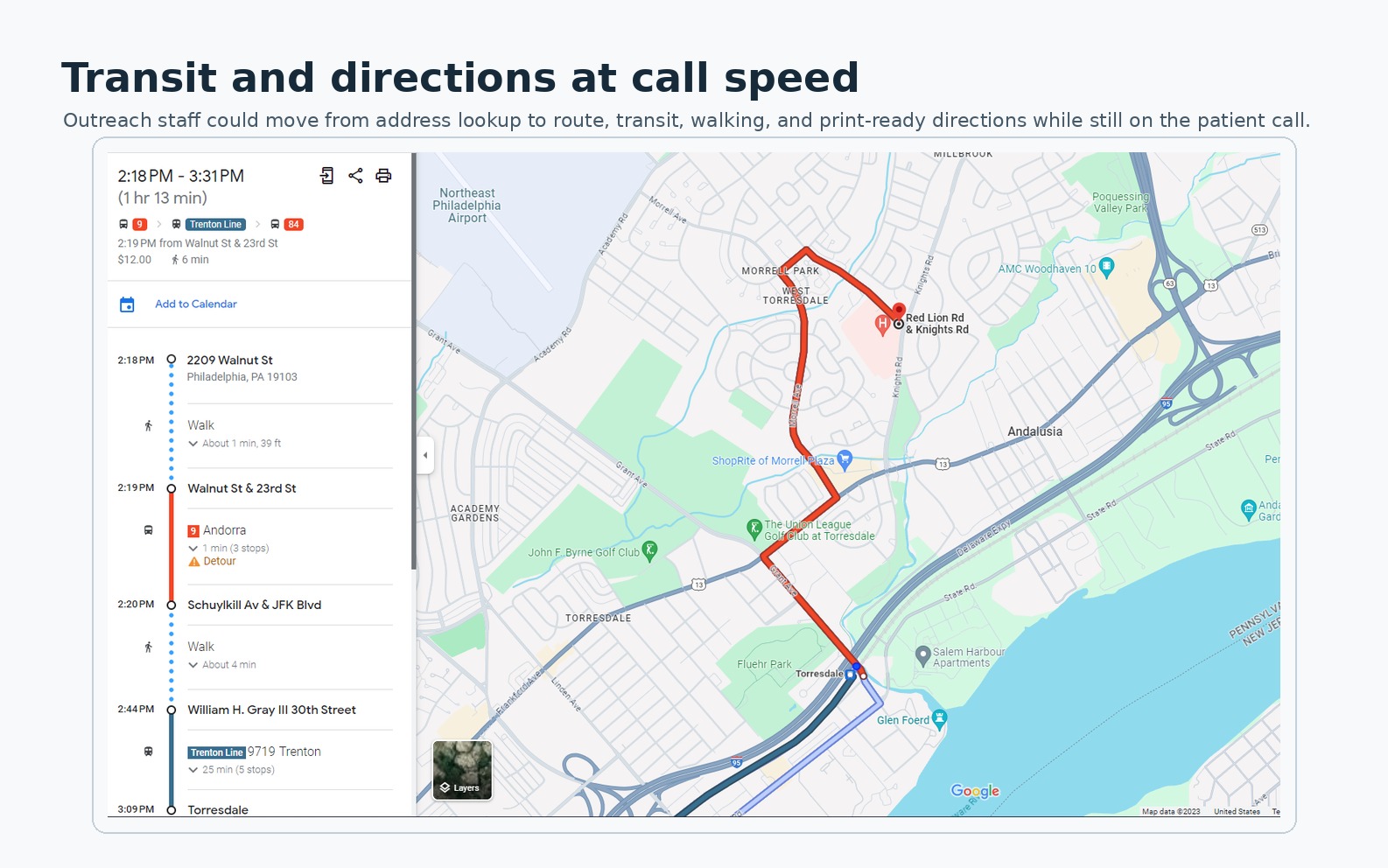Google Maps transit directions with a complete itinerary panel, walking and transit segments, travel time, destination pin, and the full route map.