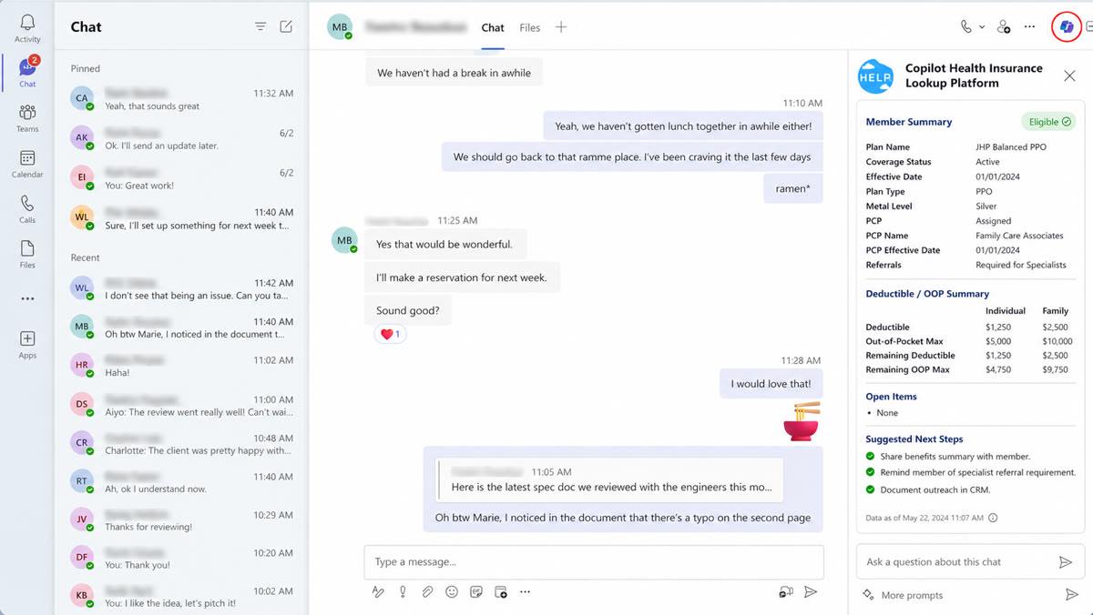 Copilot health insurance lookup platform interface image inside Microsoft Teams
